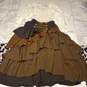 Gothic High Victorian Bustle Ruffle Skirt + Blouse 2-Piece Outfit Women’s Sz S